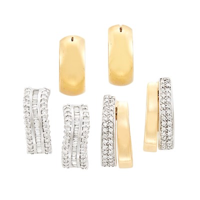 Lot 110 - Three Pairs of Two-Color Gold and Diamond Hoop Earrings