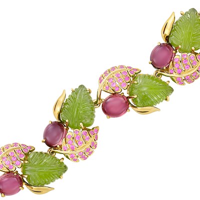 Lot 239 - Gold, Carved Peridot, Cabochon Pink Tourmaline and Pink Sapphire Leaf Bracelet, Seaman Schepps