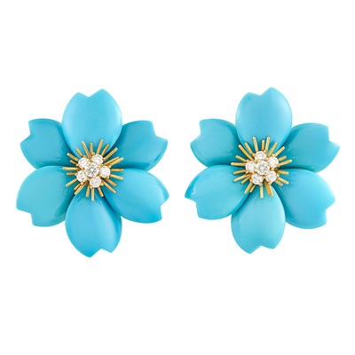 Lot 382 - Pair of Gold, Carved Turquoise and Diamond 'Rose de Noel' Flower Earclips, Van Cleef & Arpels, France