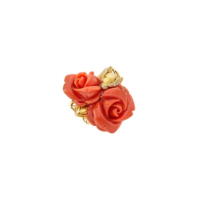 Lot 375 - Gold, Carved Coral and Diamond Flower Ring, Christian Dior, France