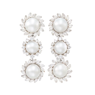 Lot 368 - Pair of Platinum, South Sea Cultured Pearl and Diamond Pendant-Earclips