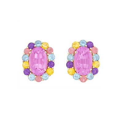 Lot 99 - Pair of Gold, Kunzite and Colored Stone Earclips