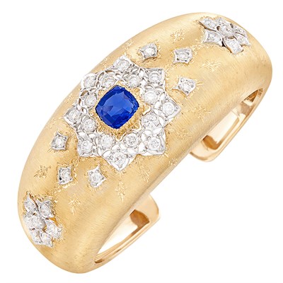 Lot 227 - Two-Color Gold, Sapphire and Diamond Cuff Bangle Bracelet