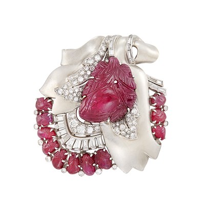 Lot 264 - Rhodium-Plated Gold, Carved Ruby and Diamond Clip