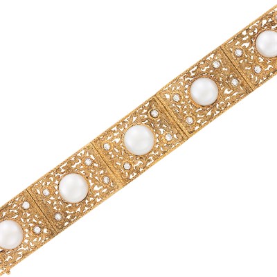 Lot 233 - Two-Color Gold, South Sea Cultured Pearl and Diamond Bracelet, Mario Buccellati