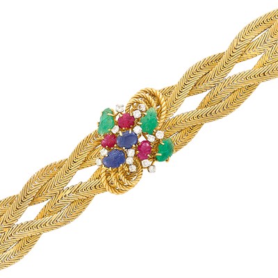 Lot 219 - Double Strand Braided Gold, Carved Colored Stone and Diamond Bracelet