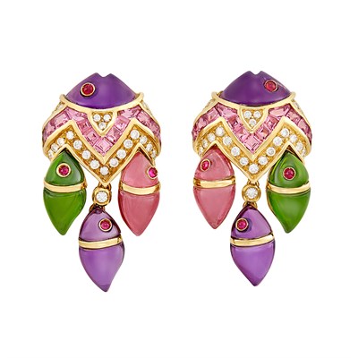 Lot 109 - Pair of Gold, Gem-Set and Diamond Fish Earrings