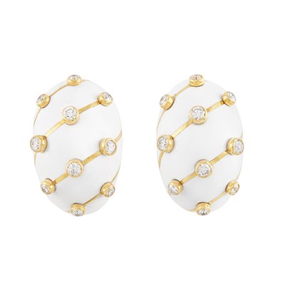 Lot 21 - Pair of Gold, White Enamel and Diamond Earclips, Tiffany & Co., Schlumberger, France