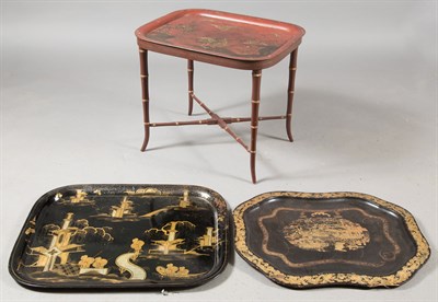 Lot 443 - Japanned Tole Tray on Bamboo Turned Stand...