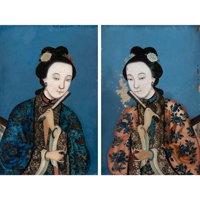 Lot 418 - Two Chinese Reverse Glass Paintings of Maidens...