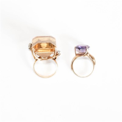 Lot 154 - Gold, Citrine and Diamond Ring and Gold and Sinulated Color-Change Sapphire Ring