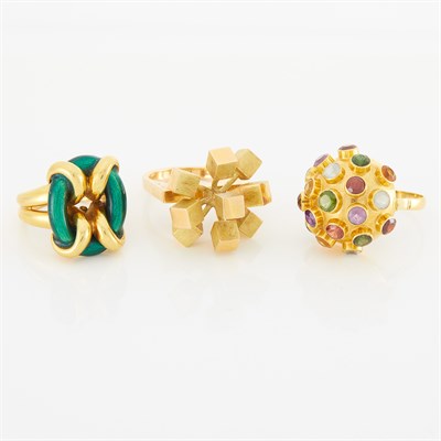 Lot 25 - Three Gold, Gem-Set and Enamel Rings