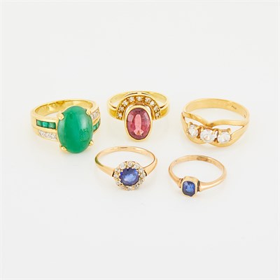Lot 255 - Five Gold, Diamond, Simulated Diamond and Gem-Set Rings