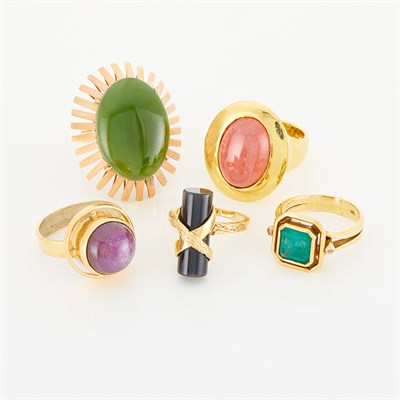 Lot 42 - Five Yellow and Rose Gold and Gem-Set Rings