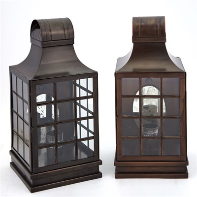 Lot 1486 - Pair of Patinated Metal and Glass Lantern-Form...