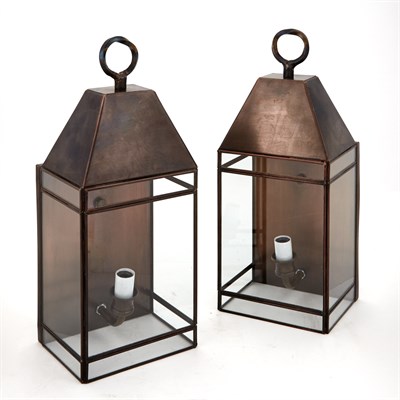 Lot 1487 - Pair of Patinated Metal and Glass Lantern-Form...