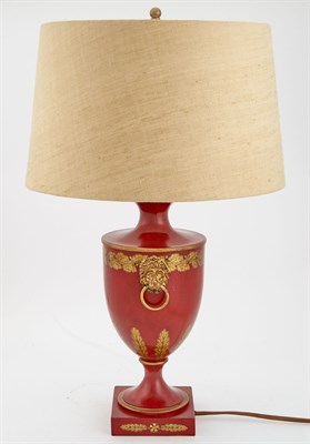Lot 1223 - Pair of Red Tôle Urn-Form Lamps with Lion...