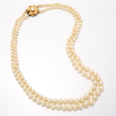 Lot 178 - Double Strand Cultured Pearl Necklace with Gold and Cultured Pearl Flower Clasp