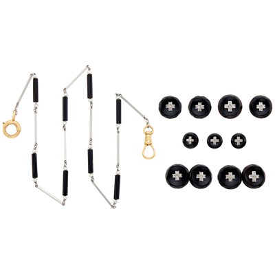 Lot 123 - Platinum, White Gold, Black Onyx, Seed Pearl and Diamond Dress Set and Fob Chain