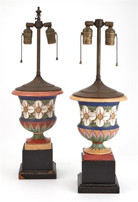 Lot 1441 - Pair of Floral Decorated Earthenware Urn-Form...