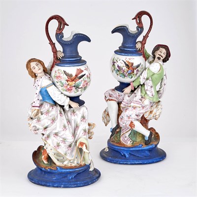 Lot 1364 - Pair of Hand-Painted Porcelain Figural Garniture Ewers