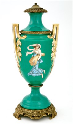 Lot 1359 - Louis XVI Style Gilt-Metal Mounted Paris Porcelain Green Ground Two-Handled Urn-Form Canister Lamp