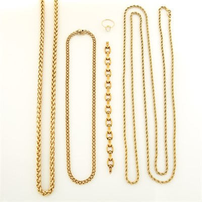 Lot 116 - Two Gold Chain Necklaces, Link Bracelet, Moonstone Ring and Long Gold-Filled Chain Necklace