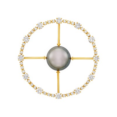 Lot 241 - Gold, Tahitian Gray Cultured Pearl and Diamond Circle Brooch