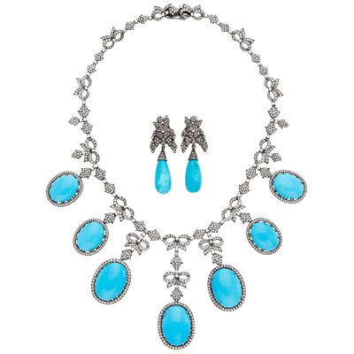 Lot 221 - Silver, Dyed Reconstituted Turquoise and Diamond Necklace and Pair of Pendant-Earrings