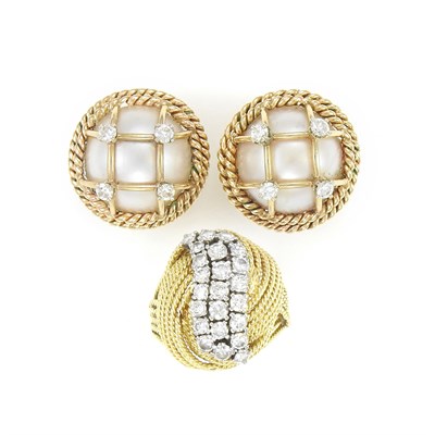 Lot 16 - Pair of Gold, Mabé Pearl and Diamond Earclips and Gold and Diamond Dome Ring
