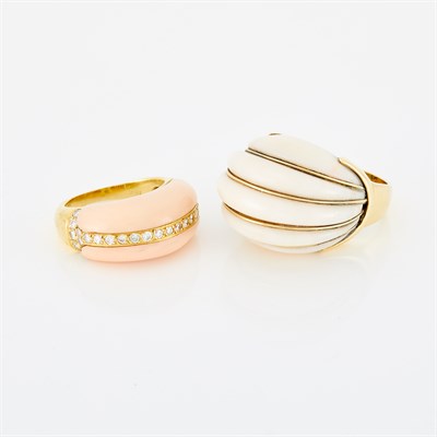 Lot 148 - Gold, Angel Skin Coral and Diamond Ring and Gold and White Coral Ring
