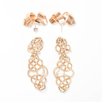 Lot 153 - Pair of Gold Pendant-Earrings and Pair of Ribbon Earrings