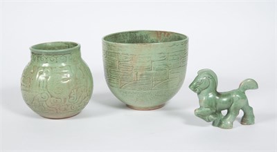 Lot 425 - Three Shearwater Pottery Green Glazed Articles...