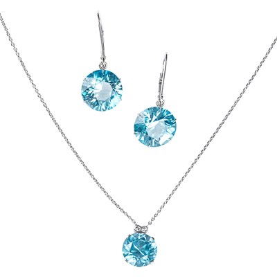 Lot 61 - Pair of White Gold and Blue Zircon Pendant-Earrings and Pendant with Platinum Chain