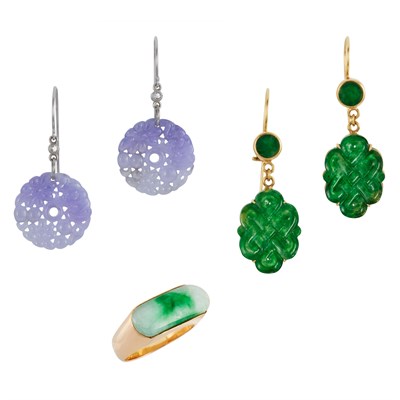 Lot 162 - Gold and Jade Saddle Ring and Two Pairs of Gold, Carved Jade, Lavender Jade and Diamond Pendant-Earrings