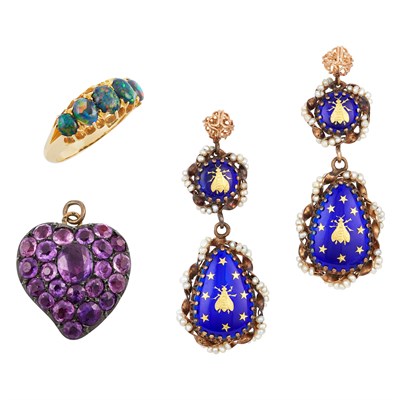 Lot 187 - Gold and Opal Ring, Pair of Antique Gold, Enamel and Pearl Bee Pendant- Earrings and Antique Silver and Amethyst Heart Pendant