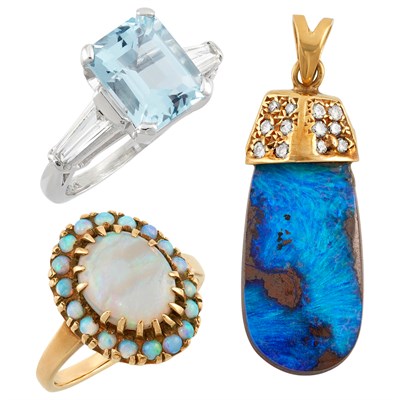 Lot 180 - Platinum, Aquamarine and Diamond Ring, Gold, Boulder Opal and Diamond Pendant and Low Karat Gold and Opal Ring