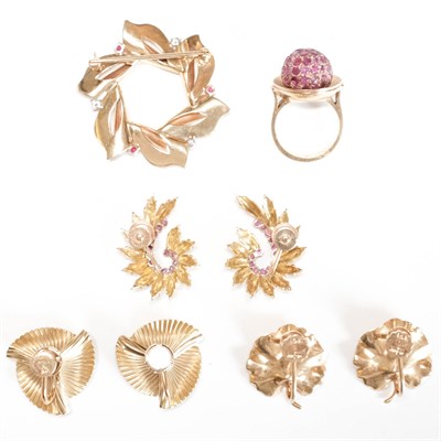 Lot 138 - Three Pairs of Gold, Ruby and Diamond Earclips, Brooch and Ring