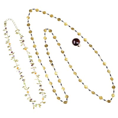 Lot 279 - Two Long High Karat Gold, Low Karat Gold, Gem-Set and Black Diamond Bead Necklaces and Rose Gold and Smoky Quartz Ring