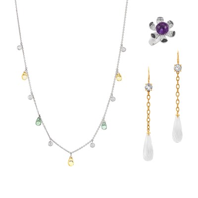 Lot 54 - Gold, Diamond and Gem-Set Fringe Chain Necklace, Pair of Pendant-Earrings and Amethyst, Black Diamond and Diamond Ring