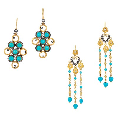 Lot 280 - Two Pairs of High Karat Gold, Gold, Silver, Turquoise and Diamond Pendant-Earrings