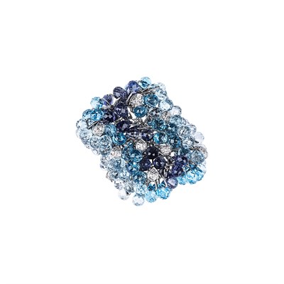 Lot 220 - Wide White Gold, Blue Topaz and Iolite Briolette Bead and Diamond Fringe Ring