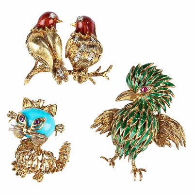 Lot 139 - Three Two-Color Gold, Diamond, Gem-Set and Enamel Bird, Cat and Love Bird Brooches