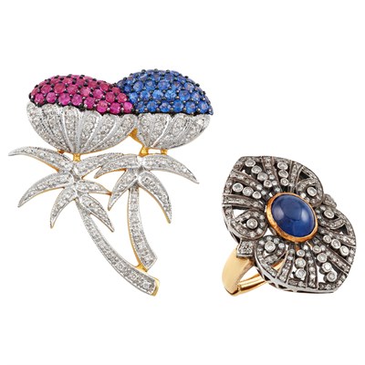 Lot 226 - Gold, Silver, Cabochon Sapphire and Diamond Ring and Two-Color Gold, Ruby, Sapphire and Diamond Floral Brooch