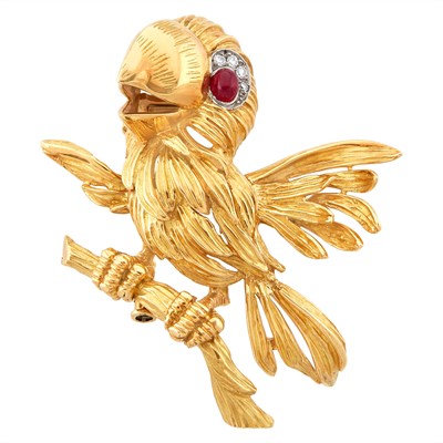 Lot 24 - Gold, Ruby and Diamond Bird Clip-Brooch