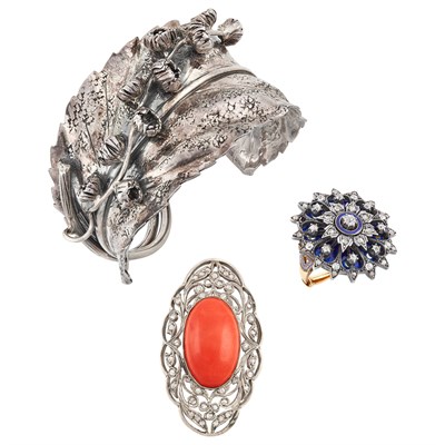 Lot 216 - Mario Buccellati Silver Leaf Cuff Bangle Bracelet, Silver, Gold, Diamond and Enamel Ring and Coral and Diamond Brooch