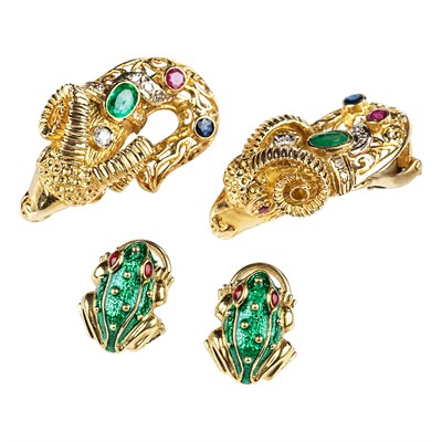Lot 272 - Pair of Gold, Gem-Set and Diamond Ram's Head Earclips and Gold and Green Enamel Frog Earrings