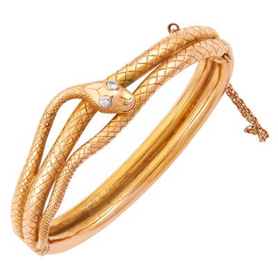 Lot 191 - Antique Gold and Diamond Serpent Bangle Bracelet