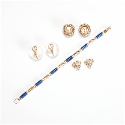 Lot 238 - Gold and Lapis Bracelet and Pair of Earclips, Pair of Mabé Pearl and Mother-of-Pearl Earclips and Cultured Pearl Earclips
