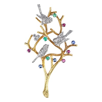 Lot 173 - Two-Color Gold, Diamond and Gem-Set Bird Pin